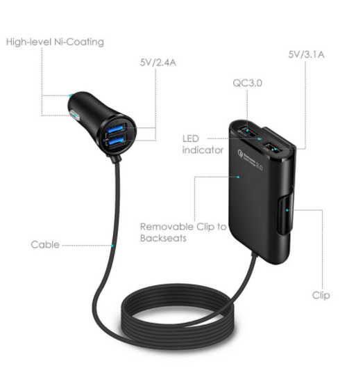 Back Seat Car Charger with 4 USB Ports QC3.0 Fast Charging & Clip Holder