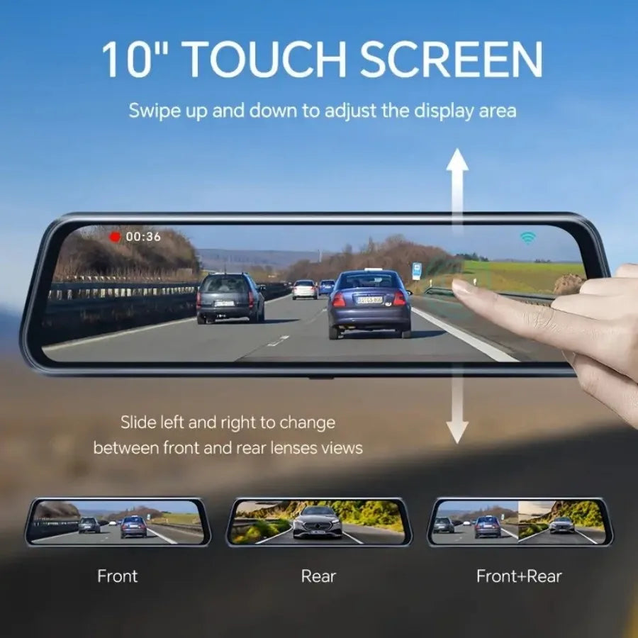 10" Touchscreen Mirror Dash Cam 1080P Front & Rear, G Sensor, Loop Recording