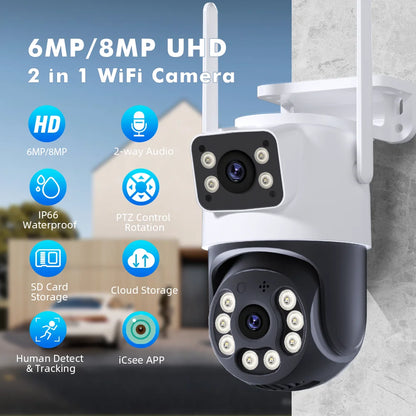 8MP 4K iCSee WiFi Camera PTZ Dual Screens Auto Tracking Night Vision CCTV Surveillance Camera Outdoor 6MP Security IP Camera