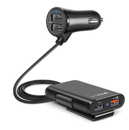 Back Seat Car Charger with 4 USB Ports QC3.0 Fast Charging & Clip Holder