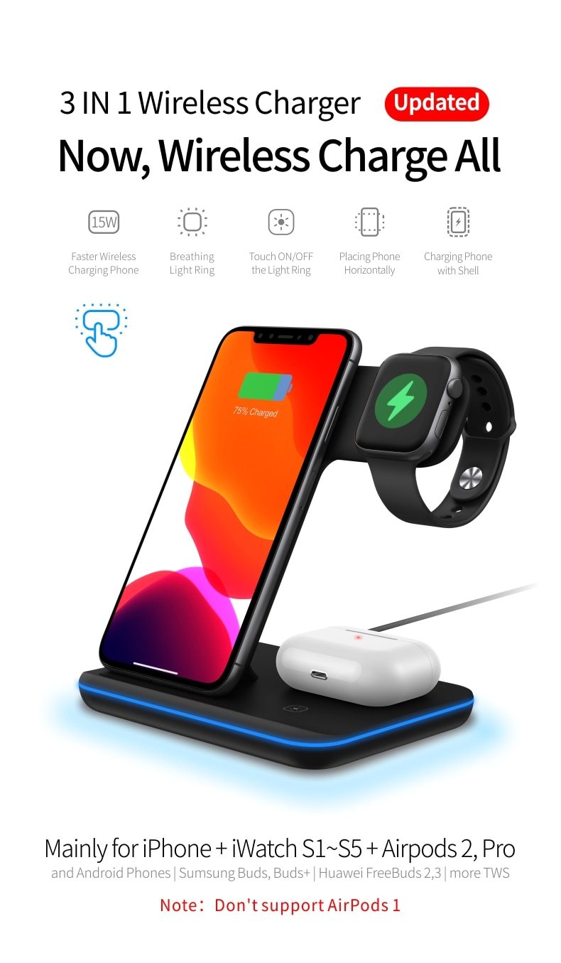 Ninja 15W 3 in 1 Wireless Charging Station for Phone, Watch, and Earbuds