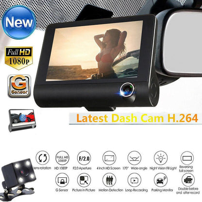 Triple Lens 1080P Dash Cam with Rear & Interior View 4" Display