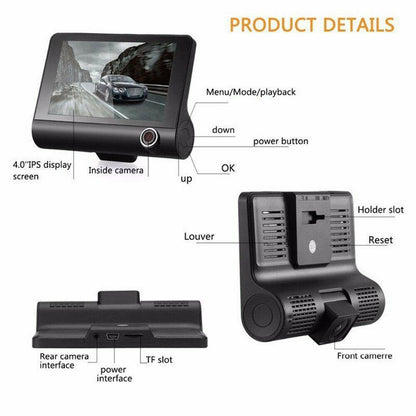 Triple Lens 1080P Dash Cam with Rear & Interior View 4" Display