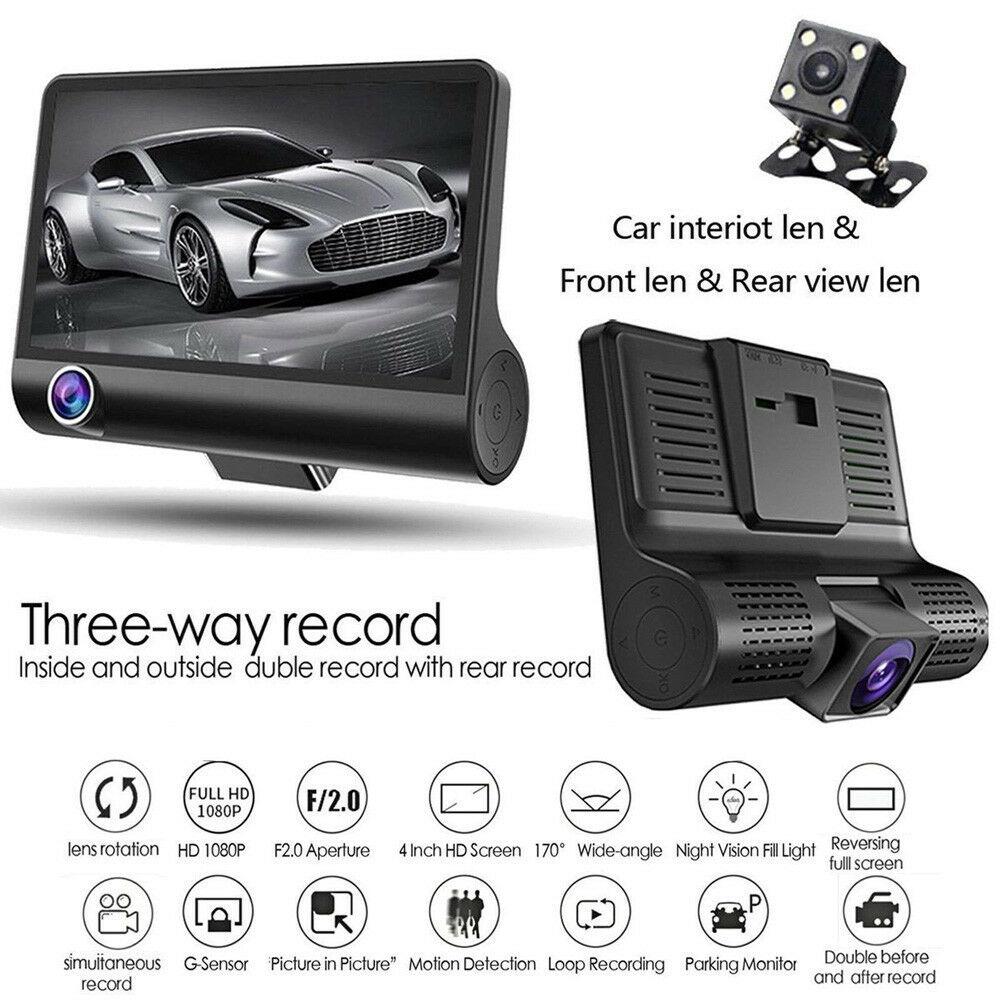 Triple Lens 1080P Dash Cam with Rear & Interior View 4" Display