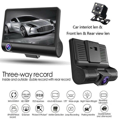 Triple Lens 1080P Dash Cam with Rear & Interior View 4" Display