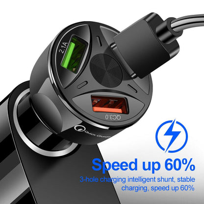 3 Port Fast Car Charger with LED + 3 in 1 Charging Cable Combo Silver