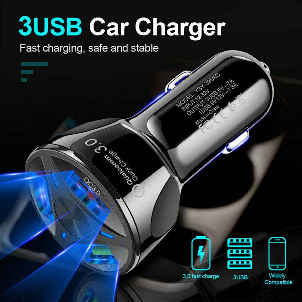 3 Port Fast Car Charger with LED + 3 in 1 Charging Cable Combo Silver