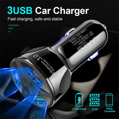 3 Port Fast Car Charger with LED + 3 in 1 Charging Cable Combo Silver