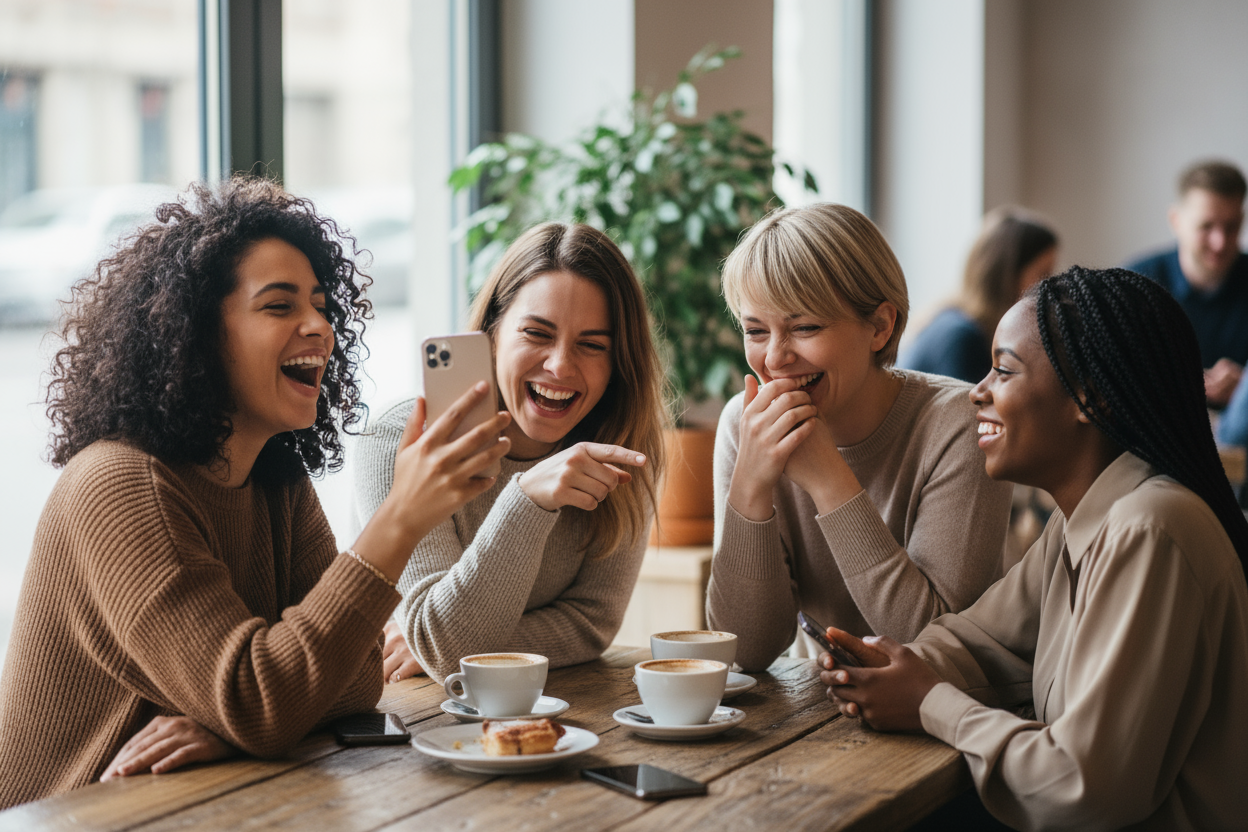 women laughing together looking at their phones